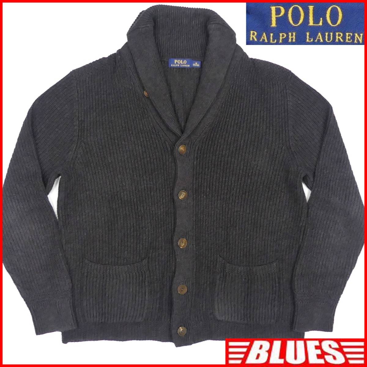 即決★POLO RALPH LAUREN★メンズM ニット カーディガン ラルフローレン チャコールグレー ショールカラーニット セーター