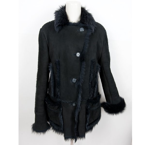 Partina 羊毛製 ムートン ジャケット デザインコート 黒系 Lサイズ 美品 【2J118】 中古 ブラック BLACK スエード フェイクファー？