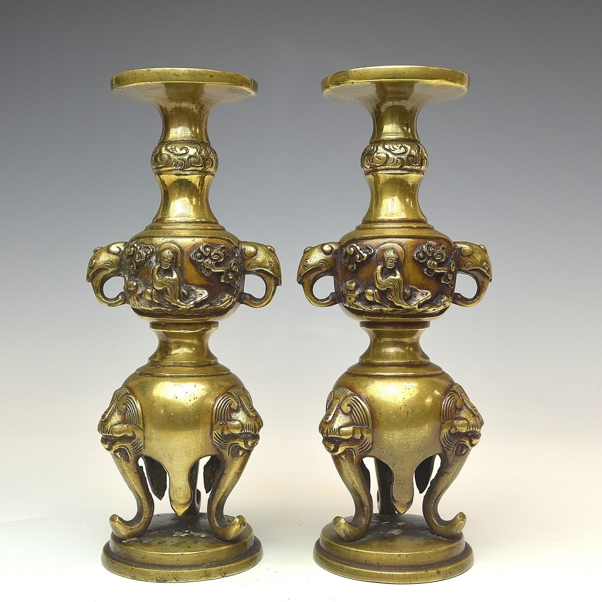 【趣楽】仏教美術　時代　銅器五具足　総重量３５２４ｇ　仏具　香炉　燭台　花瓶　Ｎ１５４１_画像9