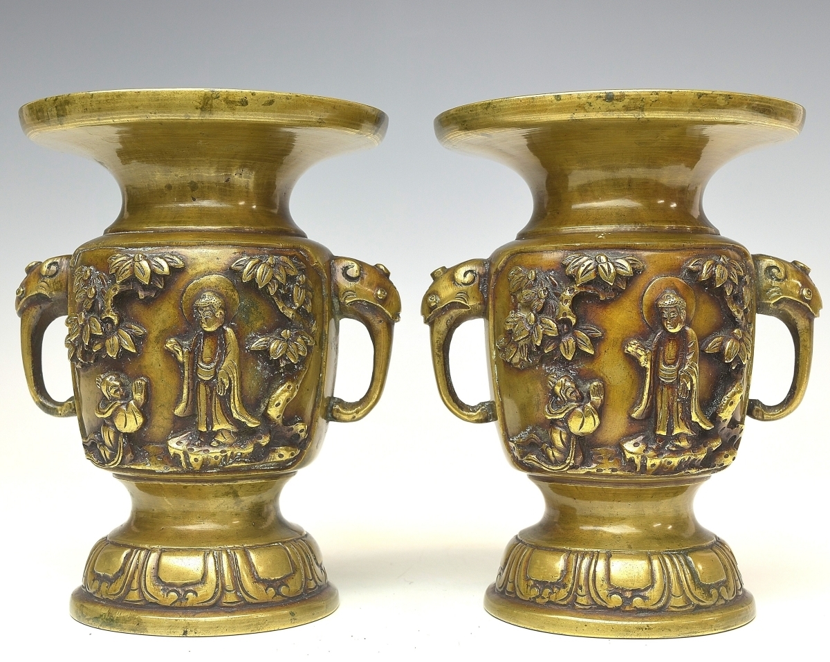【趣楽】仏教美術　時代　銅器五具足　総重量３５２４ｇ　仏具　香炉　燭台　花瓶　Ｎ１５４１_画像6