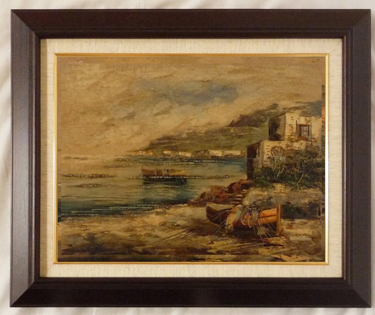 ヨーロッパ絵画 肉筆油絵 F6号 コルシニ作「ナポリの港」20＋新品額縁付_画像1