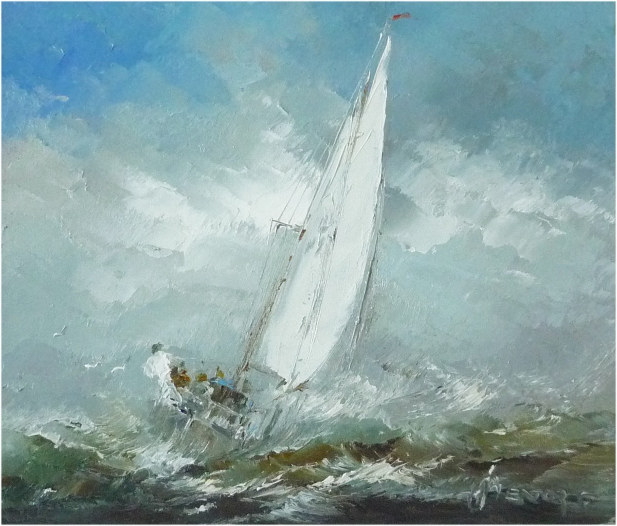ヨーロッパ絵画 肉筆油絵 F10号 べヴォルト作 「ヨット」＋新品額縁付_画像2