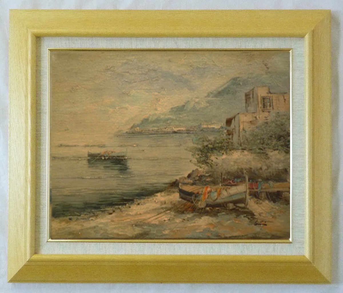 ヨーロッパ絵画 肉筆油絵 F6号 コルシニ作「ナポリの港」4＋新品額縁付