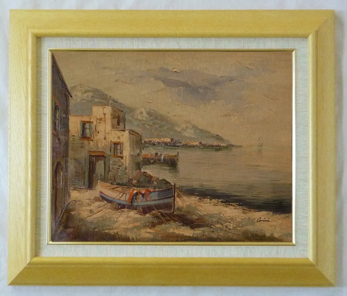 ヨーロッパ絵画 肉筆油絵 F6号 コルシニ作「ナポリの港」3＋新品額縁付_画像1
