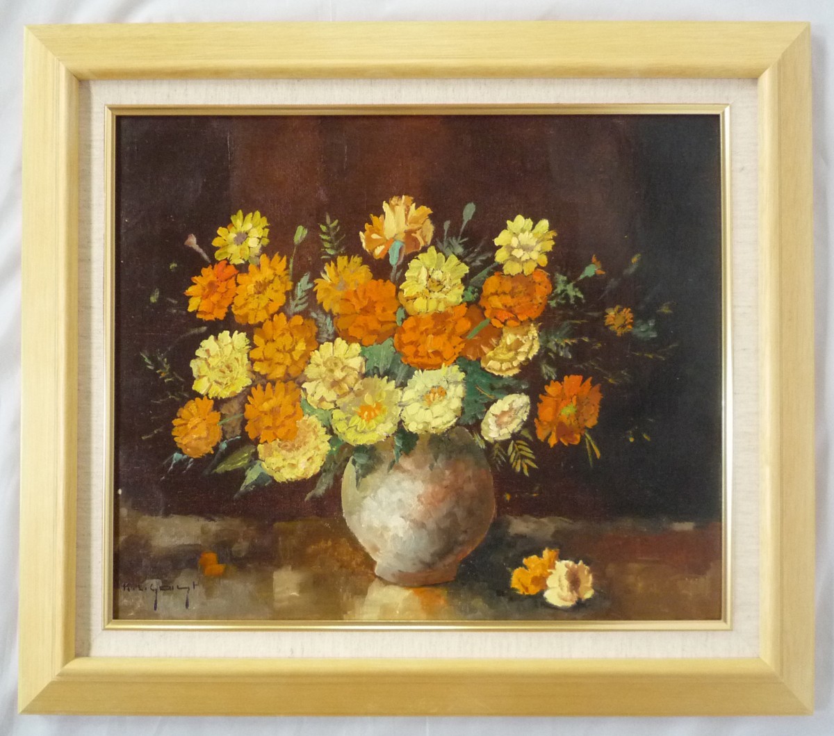 ヨーロッパ絵画 肉筆油絵 F8号 ガスト作「花瓶の花」1+新品額縁付-