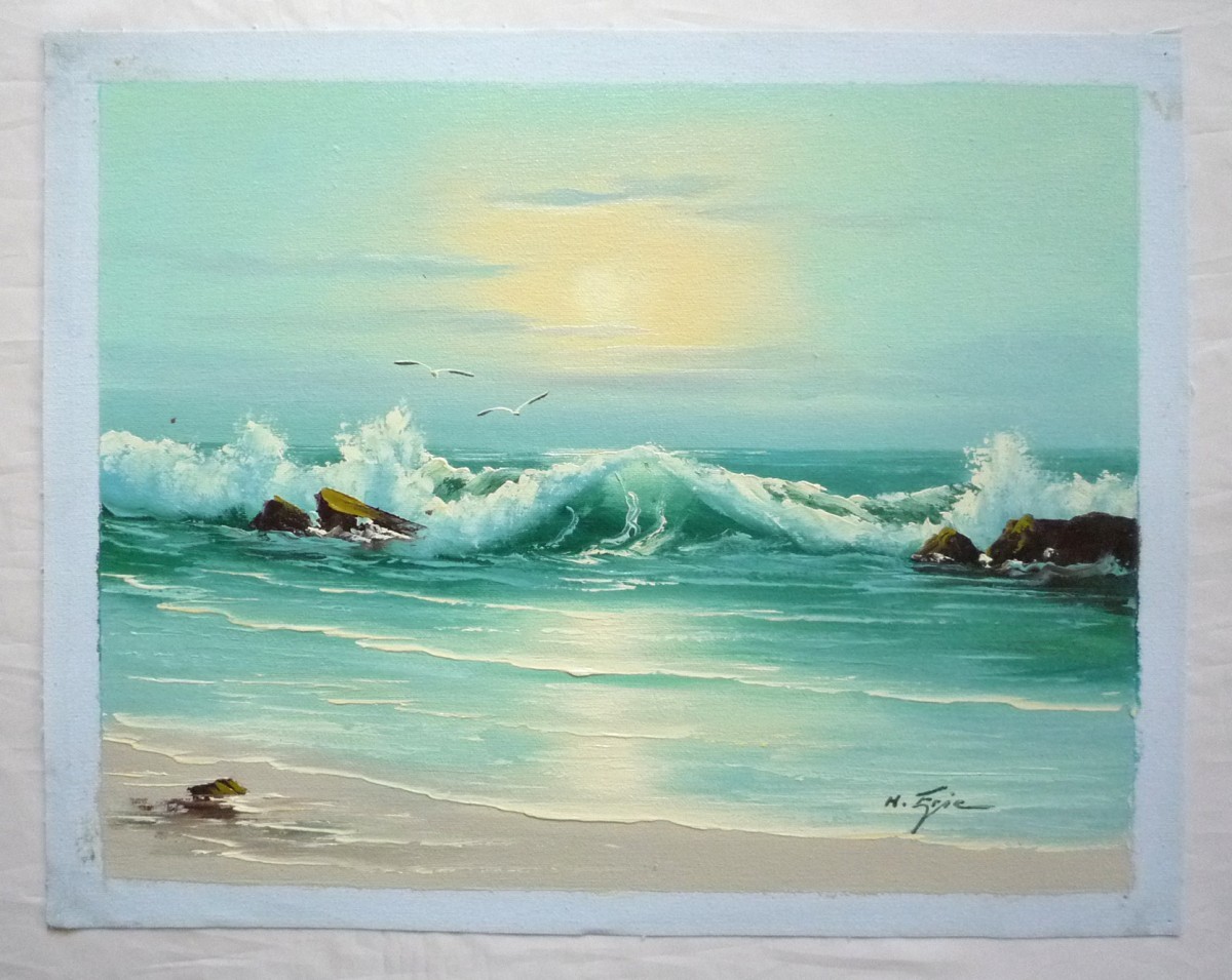 油彩画 洋画 肉筆油絵 F6号 「波 海 海景画」-218-特価-_画像2