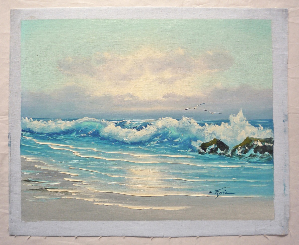 油彩画 洋画 肉筆油絵 F6号 「波 海 海景画」-194-特価-_画像2