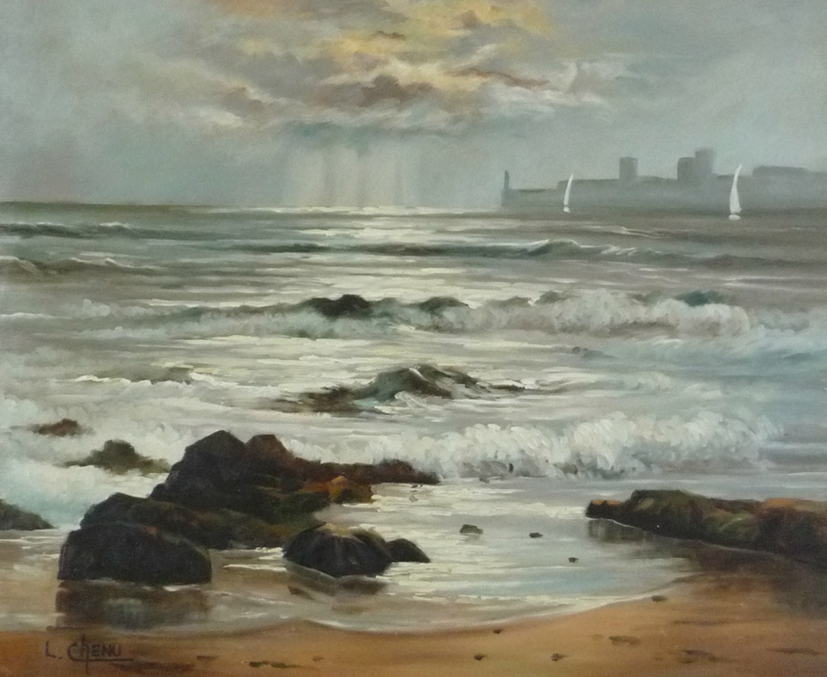 ヨーロッパ絵画 肉筆油絵 F12号 シェニュ作「朝焼けの海」1