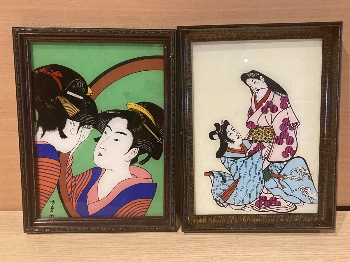 詳細不明　ガラス絵 浮世絵 美人画 日本画 縦約22㎝×横約17㎝ 着物美人 看板_画像1