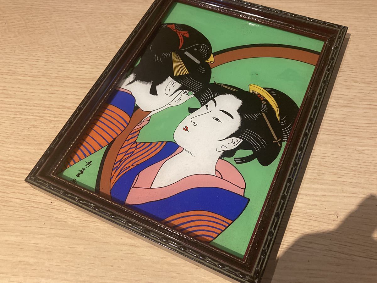 詳細不明　ガラス絵 浮世絵 美人画 日本画 縦約22㎝×横約17㎝ 着物美人 看板_画像3