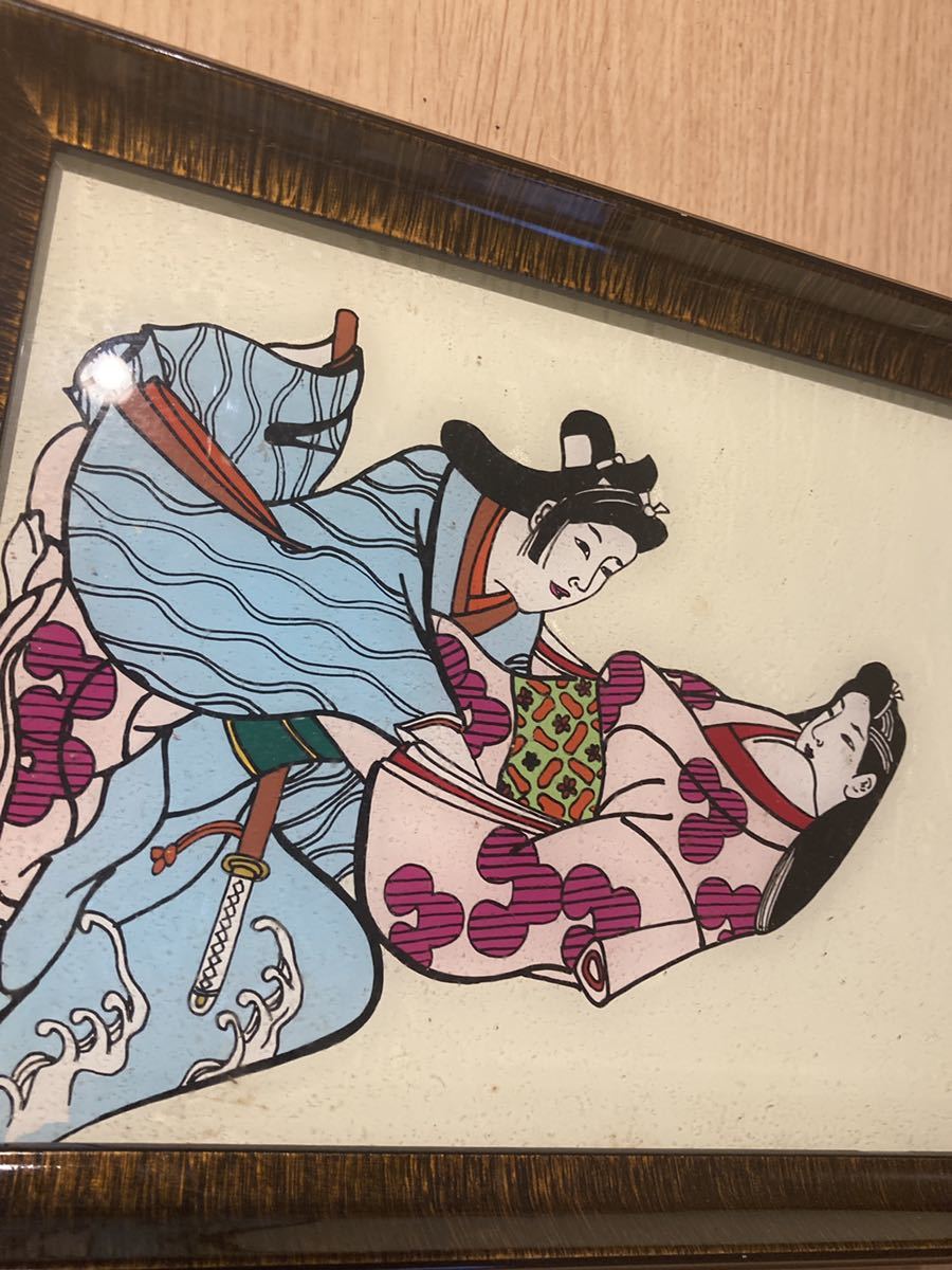 詳細不明　ガラス絵 浮世絵 美人画 日本画 縦約22㎝×横約17㎝ 着物美人 看板_画像5