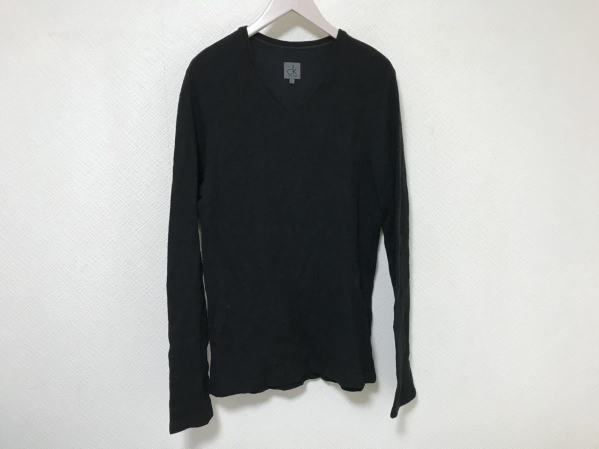 本物カルバンクラインCalvinKleinウールコットンストレッチVネック長袖Tシャツメンズ L黒ブラック