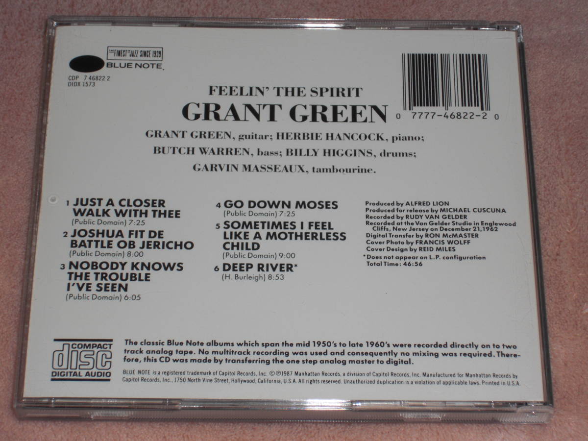 US盤CD Grant Green ー Feelin' The Spirit 　（Blue Note CDP 7 46822 2）　K Jazz_画像2