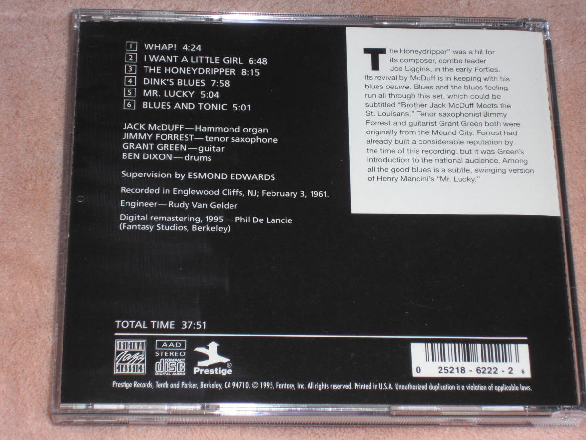 US盤CD Jack McDuff ー The Honeydripper 　-Grant Green-（Original Jazz Classics OJCCD-222-2）　K Jazz_画像2