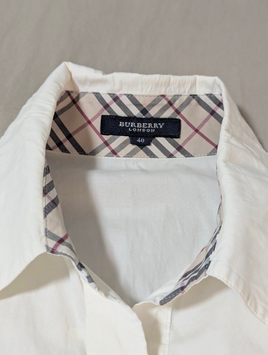 BURBERRY LONDON ノバチェックシャツ ７分袖 刺繍　美品 バーバリー 七分袖シャツ ノバチェック 白 コットン 40 ロゴ刺繍