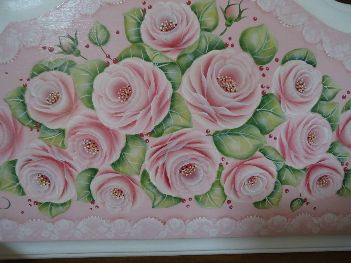 作品整理 トールペイント 薔薇 ばら バラ タオルハンガー ピンク レース 壁飾り 完成品