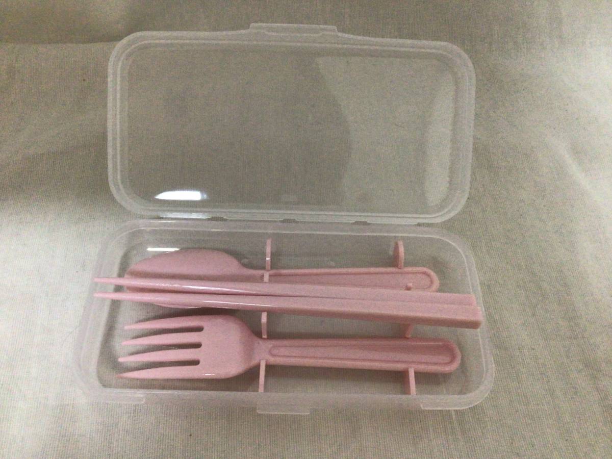 携帯用 ケース付き カトラリーセット ピンク お箸 スプーン フォーク お弁当 アウトドアに 約11×9×2.6cm 送140_画像3