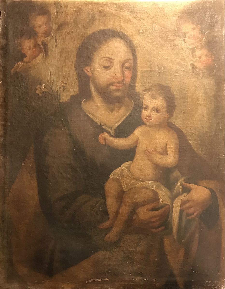 絵画 油彩画 油絵 宗教画 聖ヨゼフとキリスト 18th/18世紀 スペイン