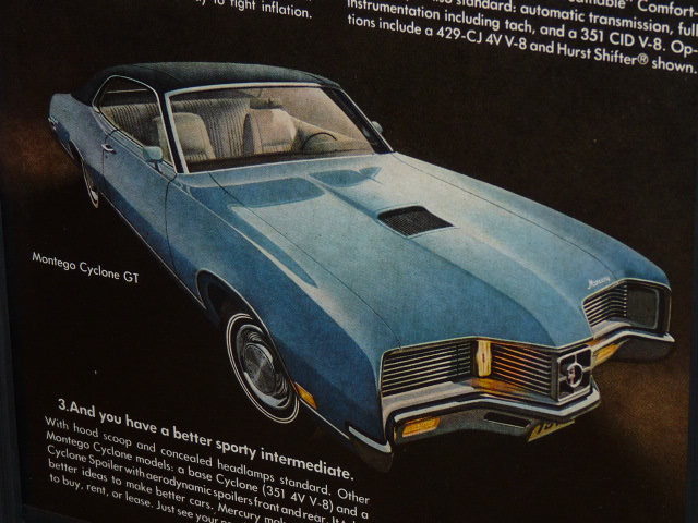 1971 год USA 70s vintage иностранная книга журнал реклама рамка товар Mercury Montego GT Mercury monte go/ для поиска гараж магазин табличка дисплей (A4size)