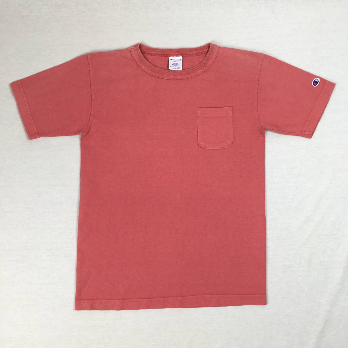 Champion チャンピオン T1011 米国製 Ｔシャツ 胸ポケット Sサイズ 朱色 ヘビーウェイト_画像1