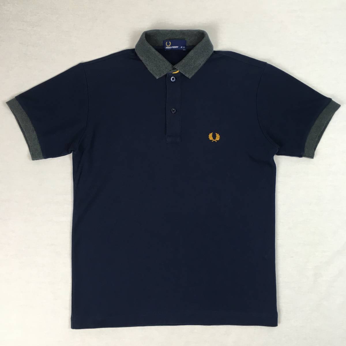 FRED PERRY フレッドペリー ポロシャツ FZ1440 Sサイズ 日本製 紺/灰/黄 鹿の子 半袖シャツ_画像1