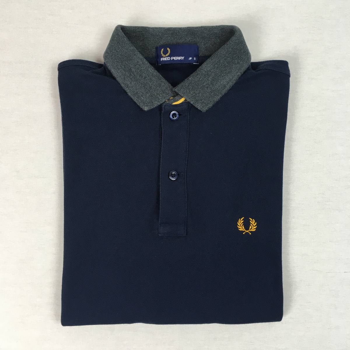 FRED PERRY フレッドペリー ポロシャツ FZ1440 Sサイズ 日本製 紺/灰/黄 鹿の子 半袖シャツ_画像9