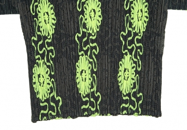プリーツプリーズPLEATS PLEASE 花柄刺繍プリーツ半袖トップス 深緑