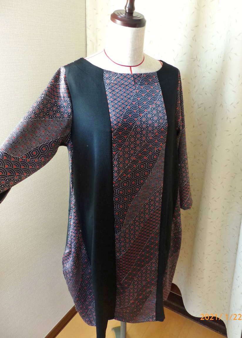  kimono remake black × pattern thing two-tone color - tunic dress - hand made M~L size 