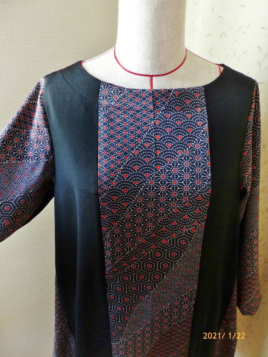  kimono remake black × pattern thing two-tone color - tunic dress - hand made M~L size 