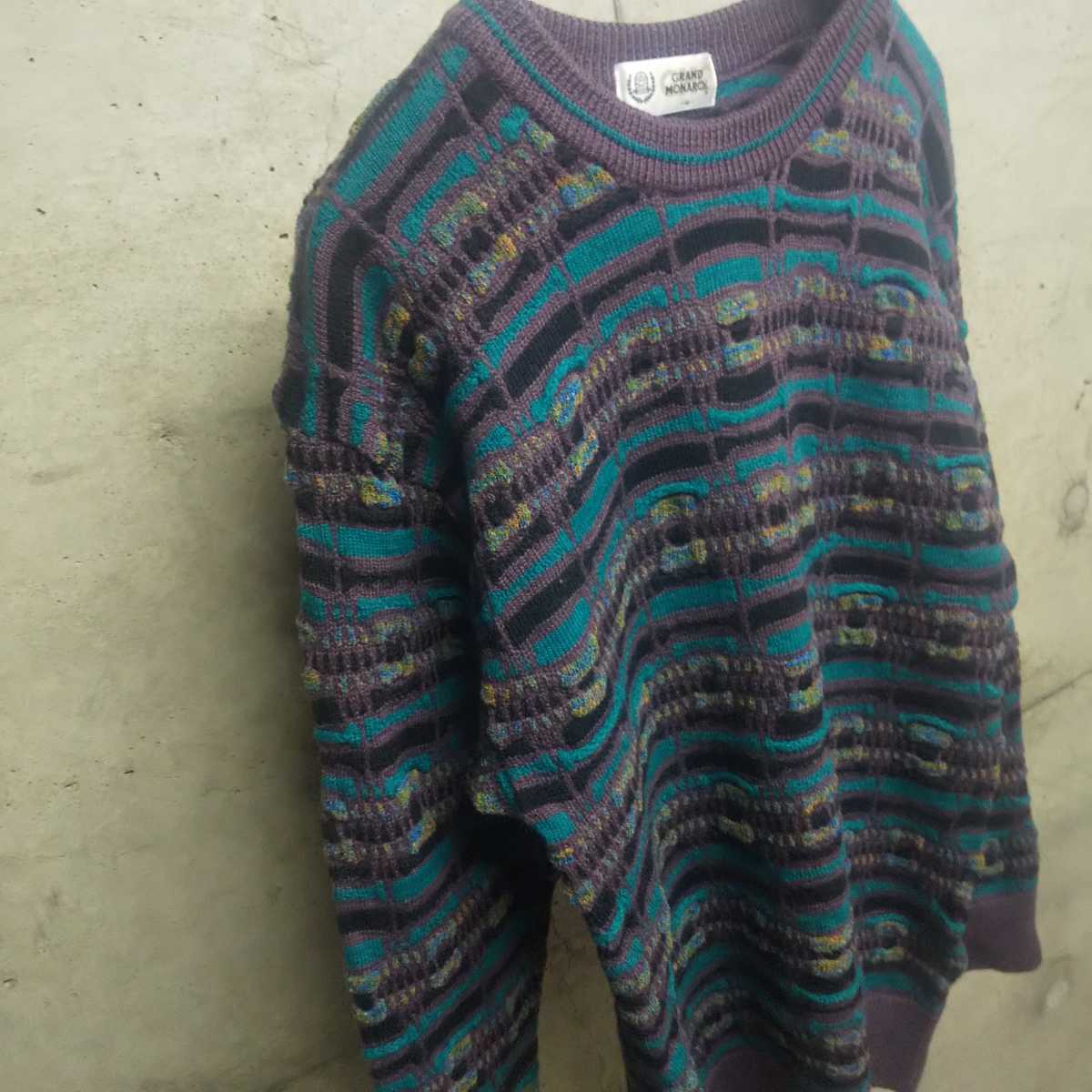 90s 3Dニット coogi風 総柄 立体編み セーター 古着 used vintage ヴィンテージ ビンテージ ニット knit