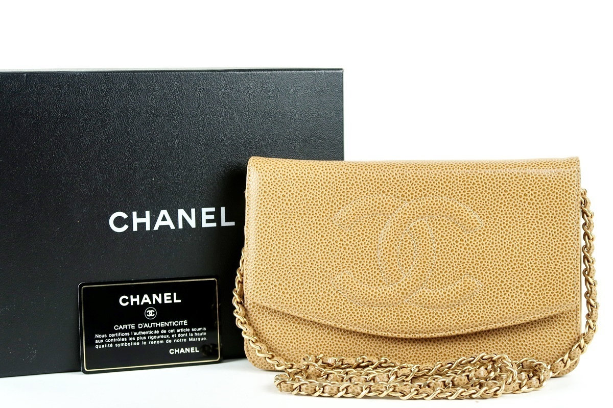 【美品】CHANEL シャネル キャビアスキン ココマーク チェーンウォレット ベージュ系 ブランド財布【JX72】