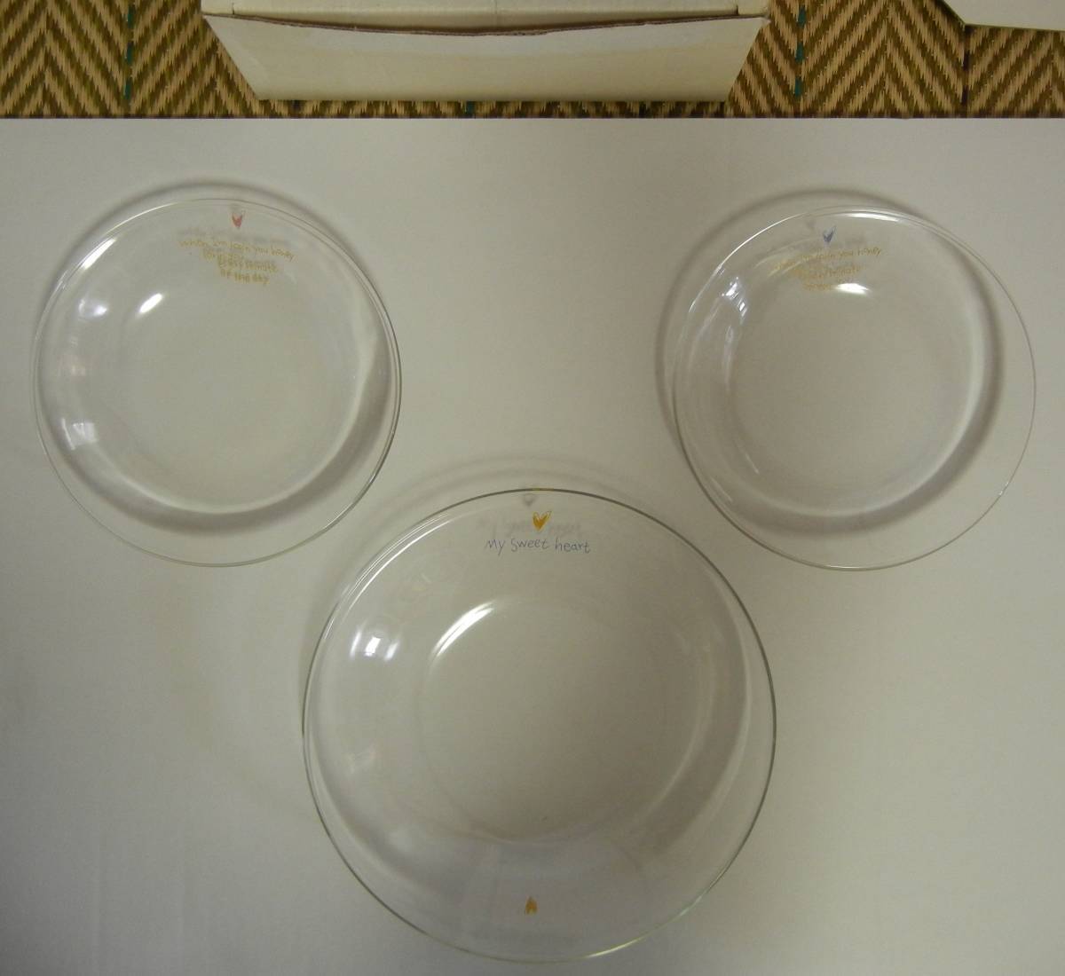フェリシモ　ふたりのハッピーブランチタイム　ガラスの可愛いお皿セット　約19.5ｃｍのお皿1枚　約15.2ｃｍのお皿2枚のセット　未使用_画像1