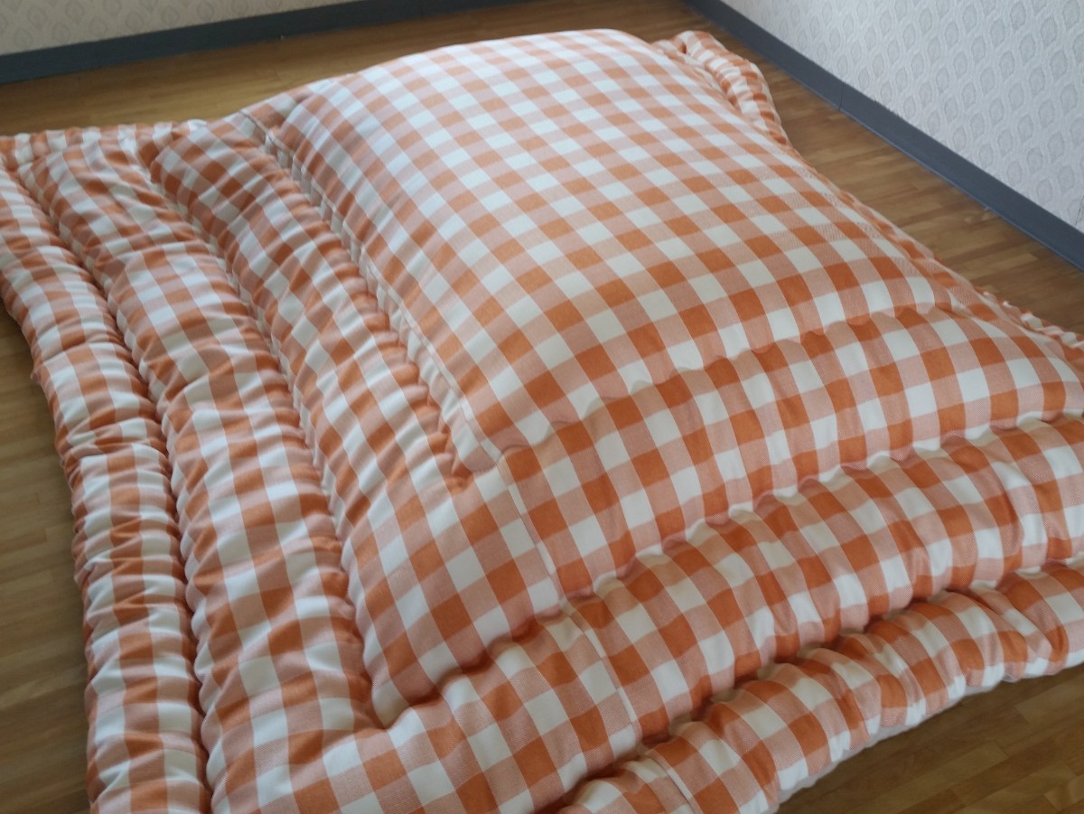 超撥水加工 厚手 生地 こたつ布団 正方形 オレンジチェック 清潔 安心 日本製
