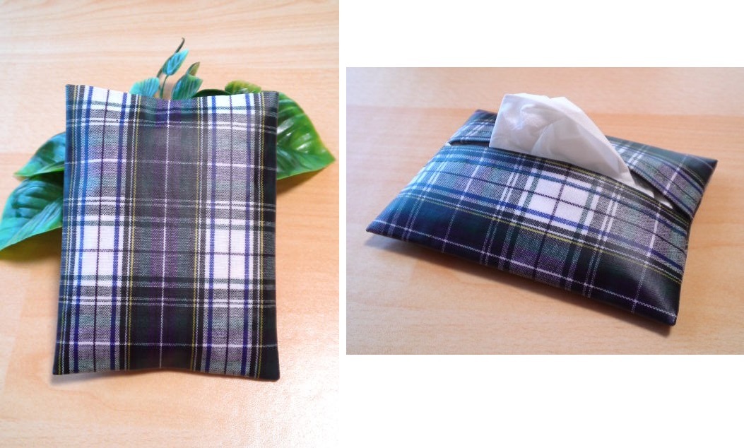 < pocket tissue case > tartan check white × navy blue! hand made! laminate processing 