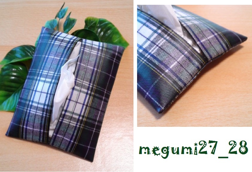 < pocket tissue case > tartan check white × navy blue! hand made! laminate processing 