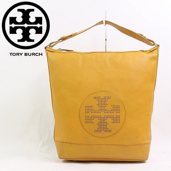 ◆TORY BURCH/トリーバーチ レザー ロゴパンチング 肩掛け ワンショルダー バッグ マスタードイエロー_画像1