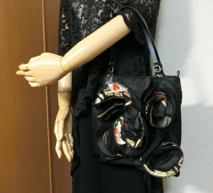 送料無料！立体お花付きバッグ　帯リメイク　ハンドメイド　いつうさ【26f】