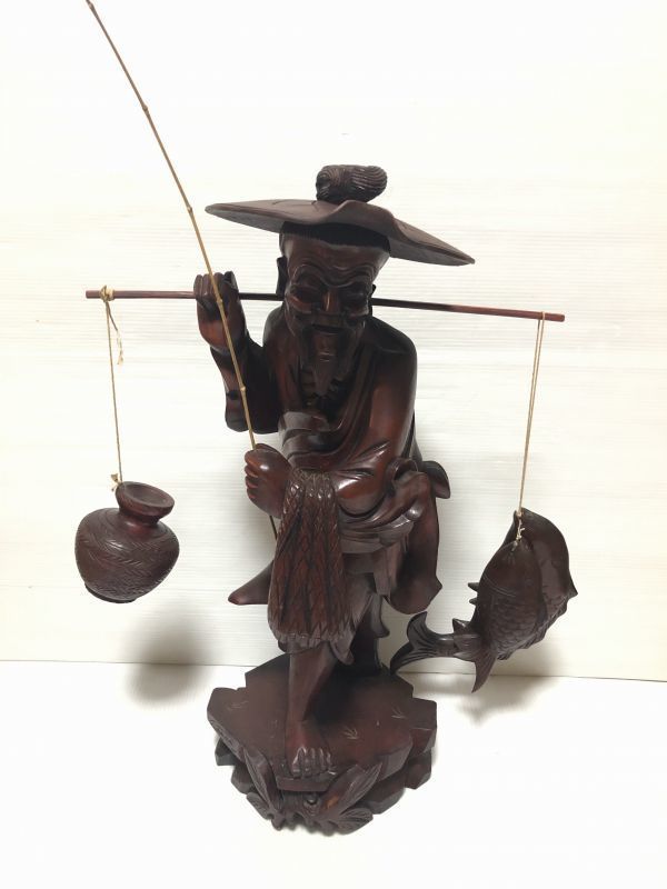 特大サイズ/置物/木彫り/仙人/釣り/寿老人/彫刻/オブジェ/縁起物 高さ