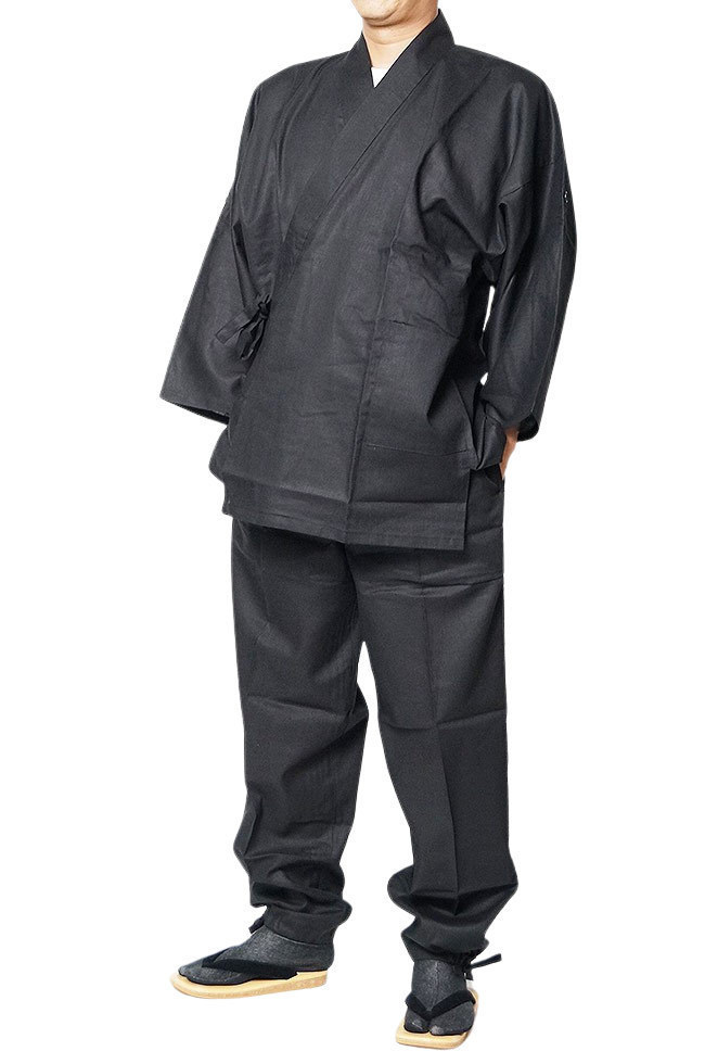 【ひめか】作務衣 日本製 綿麻-袖裾ロールアップ付き 8050　黒ＬＬ_画像1