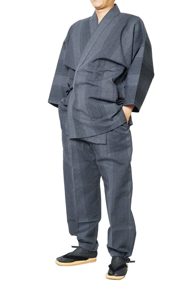 【ひめか】作務衣 日本製 メンズ 三子撚杢 作務衣 さむえ 綿100％　23-ドビー刺し子グレイ ＬＬ