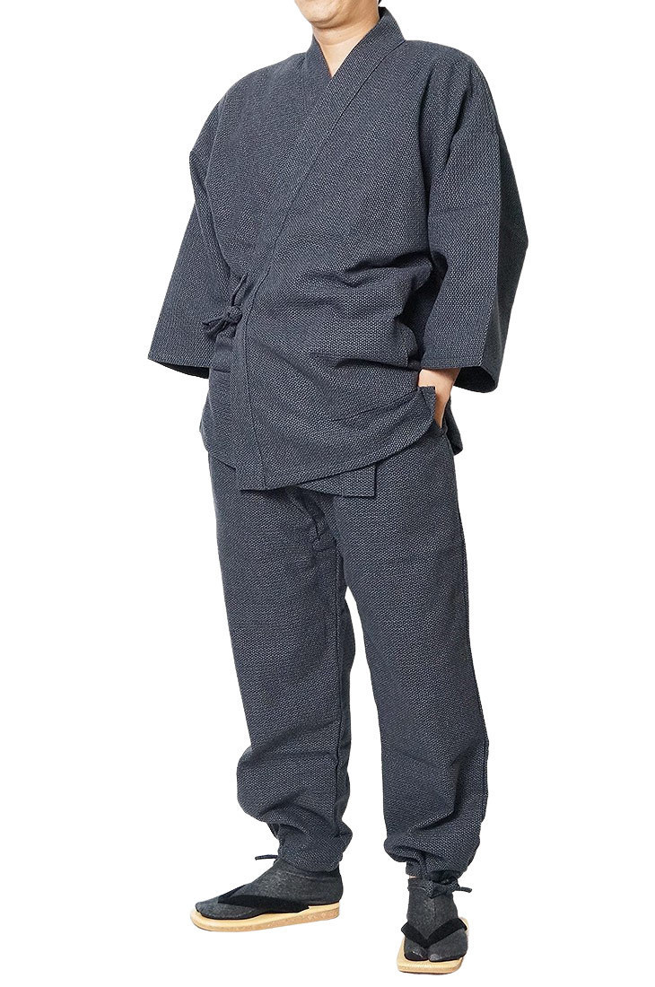 【ひめか】作務衣 日本製 メンズ 三子撚杢 作務衣 さむえ 綿100％　15-亀甲黒 M