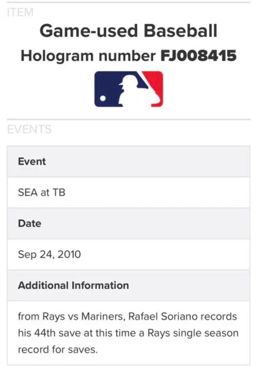 MLB実使用球（マリナーズ@レイズ：2010/9/24）ソリアーノ、球団新記録の44セーブ目達成試合