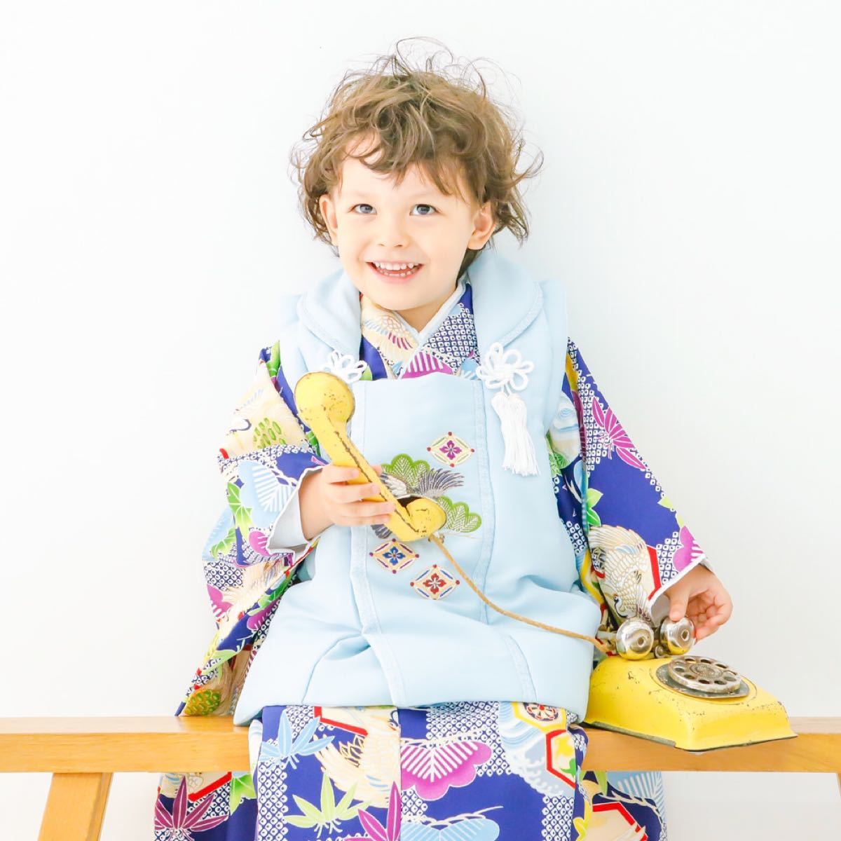 七五三 3歳 男の子 着物 3歳被布フルセット A・紺地に市松と鶴 小町