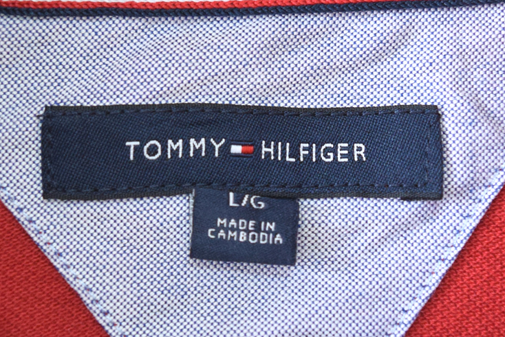 【送料無料】トミーヒルフィガー 鹿の子コットン 長袖ポロシャツ 赤色 メンズL TOMMY HILFIGER 古着 CC0024