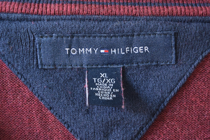 【送料無料】トミーヒルフィガー コットンニット Vネック セーター エンジ色 メンズXL TOMMY HILFIGER 古着 CH0716_画像7