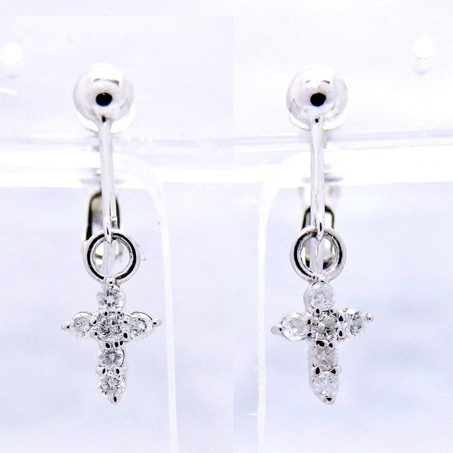 K14WG☆イヤリング ◇ダイヤモンド0.15ct/0.15ct 十字架 クロス