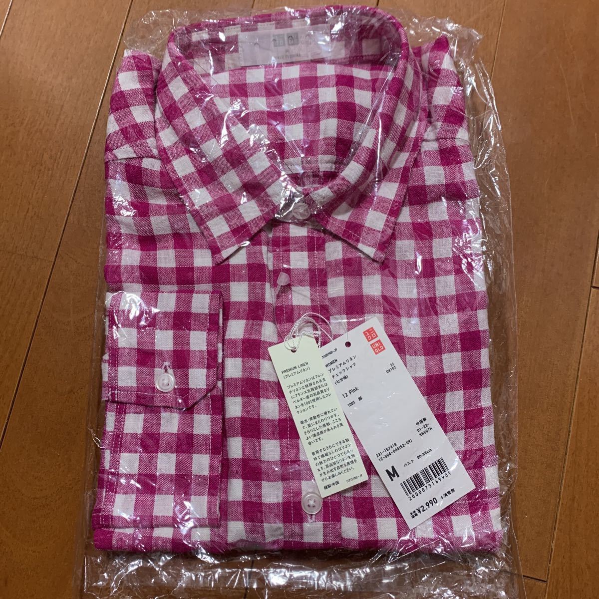 UNIQLO ユニクロ Wプレミアムリネンチェックシャツ（七分袖）カラー12Pink サイズM 新品タグ付き