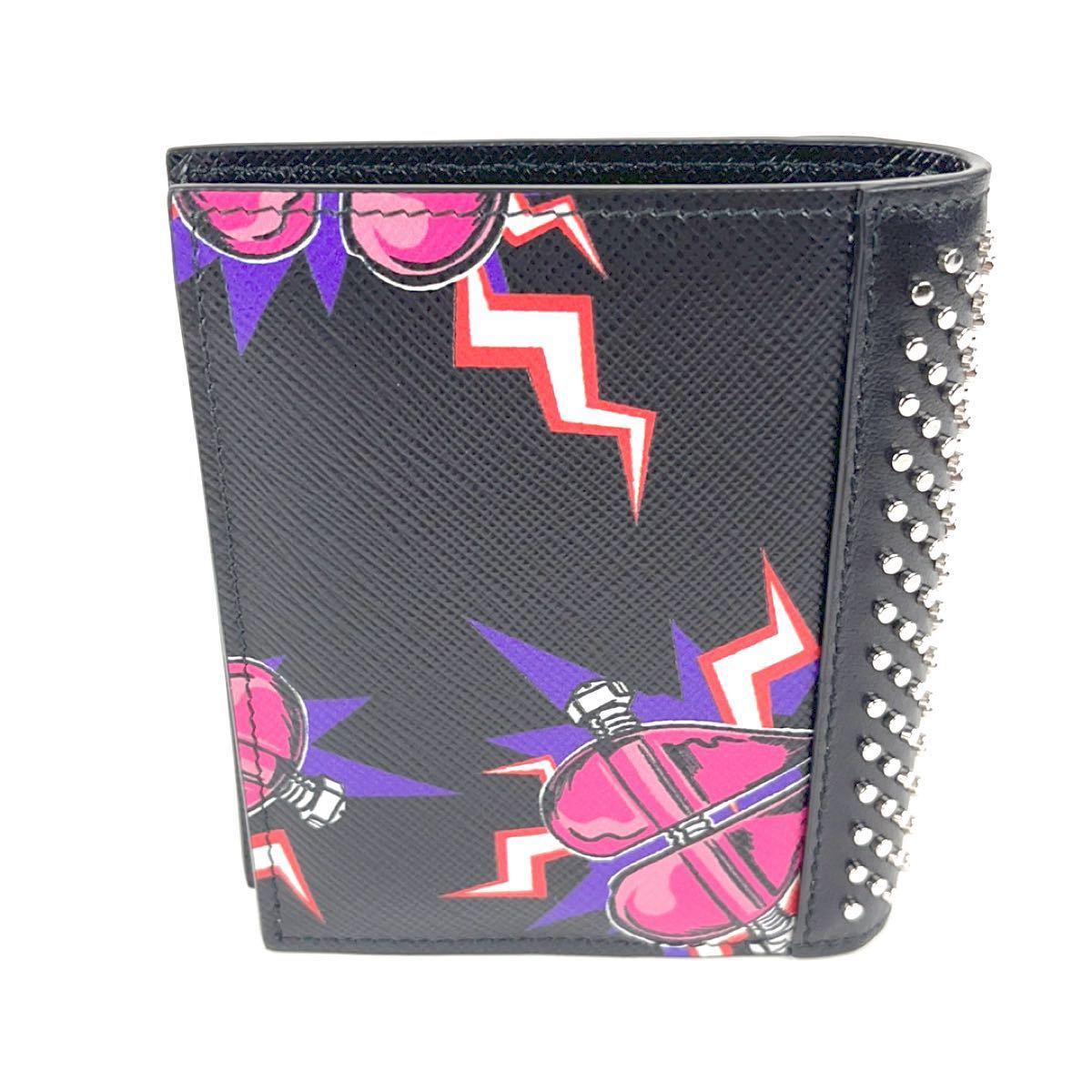 プラダ PRADA サフィアーノ 黒 ピンク 二折財布 ハートパッチ 未使用