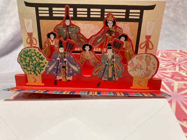 .. cloth made hair ornament ( width approximately 10cm. comb attaching )& flax. leaf / Sakura floral print cotton 100% made in Japan small furoshiki ( approximately 52cm angle )& doll hinaningyo attaching greeting card ( envelope : approximately 18×12cm) unused 