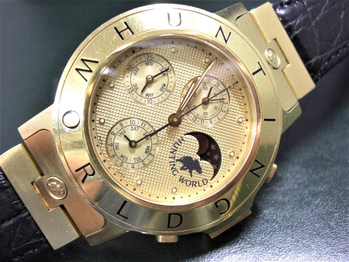 18 pure gold 18K abroad limitation! regular price approximately 450 ten thousand! serial stamp & chronograph & month .& month & day of the week display & winding BOX attaching! self-winding watch complicated clock! Hunting World 